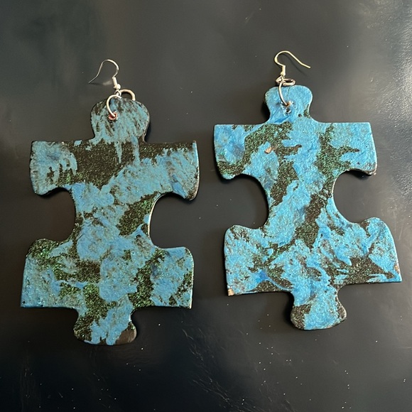Blue & Black Puzzle Earrings - Picture 3 of 16